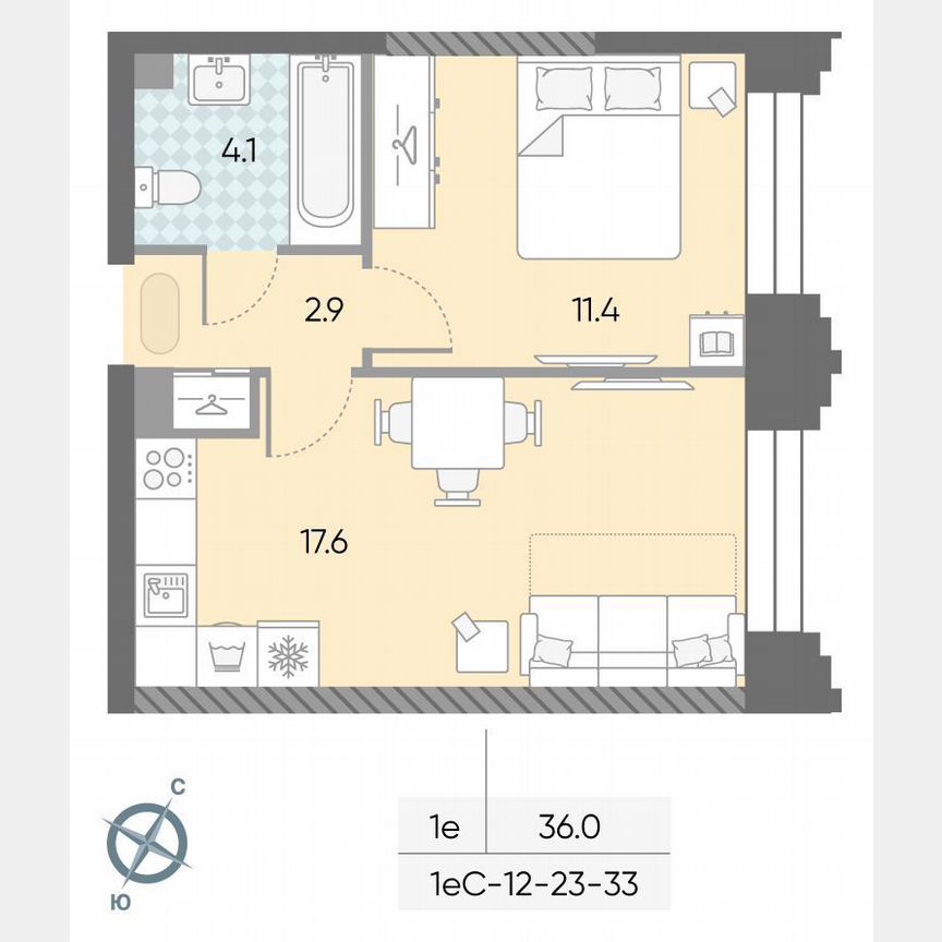 1-к. квартира, 36 м², 26/43 эт.