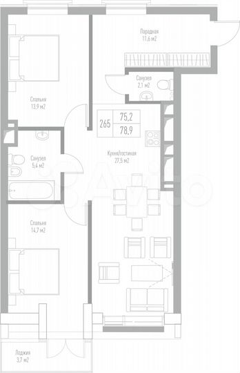 2-к. квартира, 78,9 м², 6/7 эт.