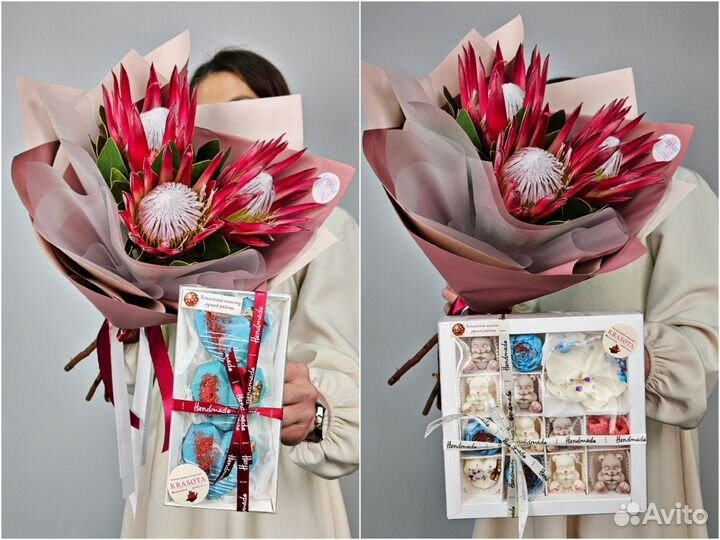 Букеты цветов и шоколадные подарки (пионы / розы)