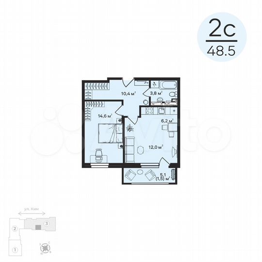 2-к. квартира, 48,5 м², 6/6 эт.