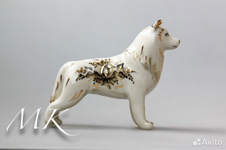 Сибирский Хаски в золоте - статуэтка из фарфора