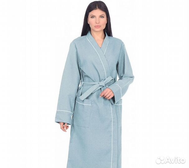 Халат вафельный Home One с кантом голубой 56