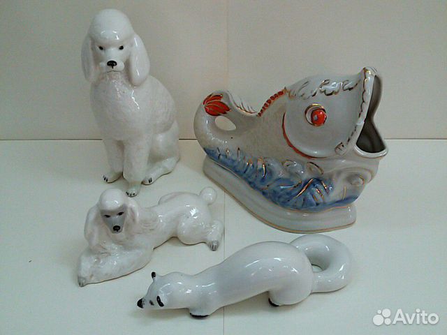 Фарфоровая статуэтка пудель песец рыба