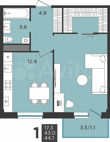 1-к. квартира, 44,1 м², 2/3 эт.