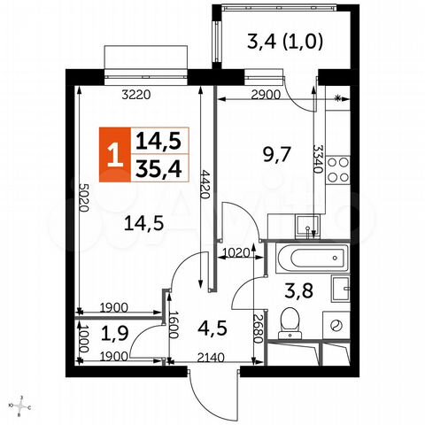 1-к. квартира, 35,4 м², 2/16 эт.