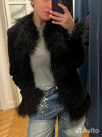 Жакет пальто с мехом ламы