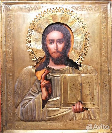 Антикварная икона.Спас Вседержитель в окладе