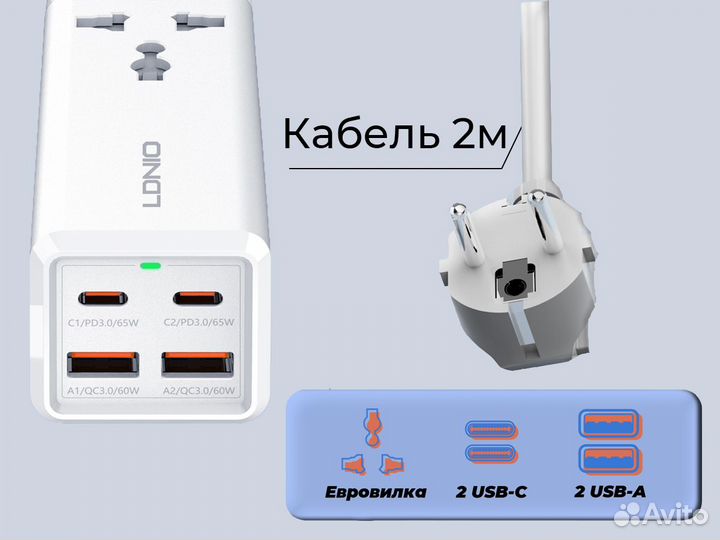 Удлинитель 2м. Зарядное устройство 60W + USB-C
