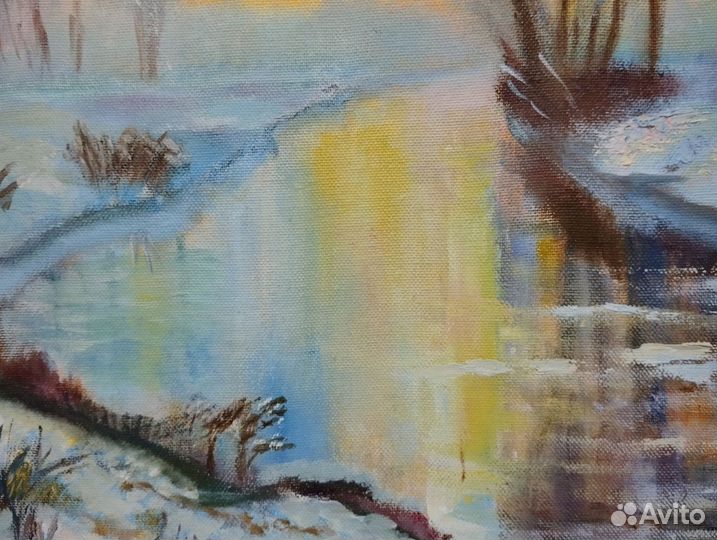 Картина маслом зимний пейзаж с рекой