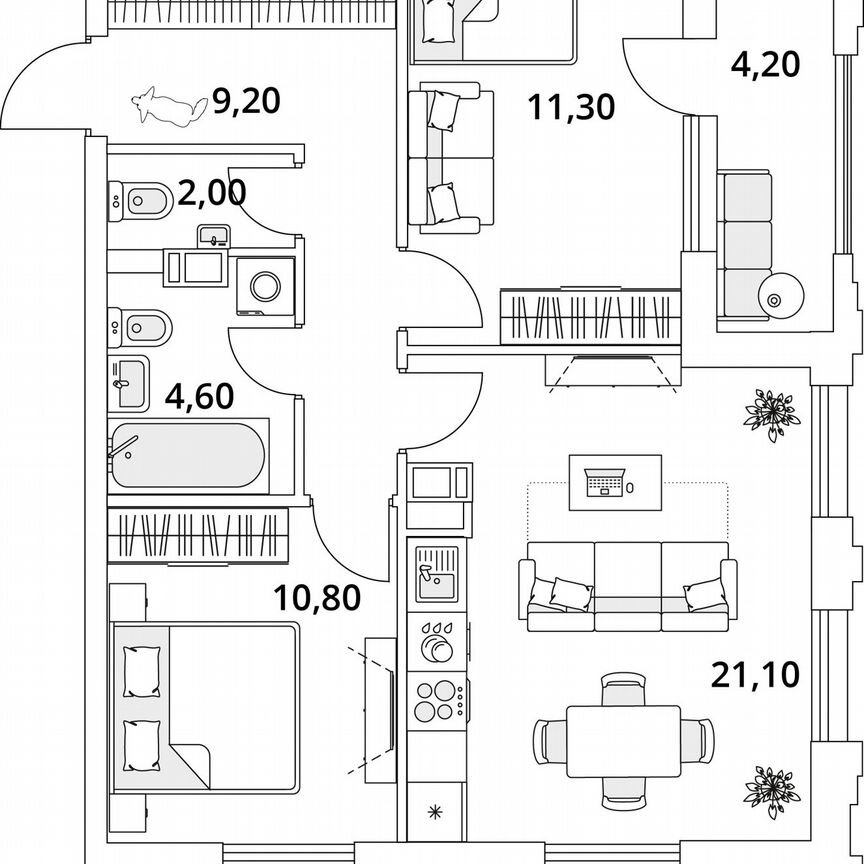 2-к. квартира, 61,1 м², 9/13 эт.