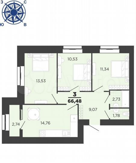 3-к. квартира, 65,1 м², 10/16 эт.