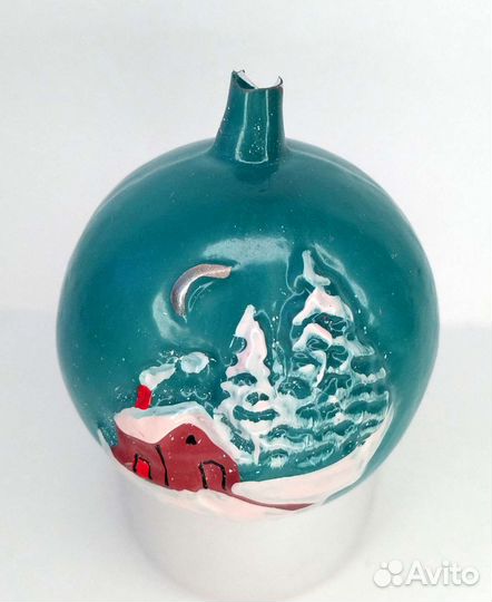 Ёлочная игрушка шар рельеф домик в лесу СССР