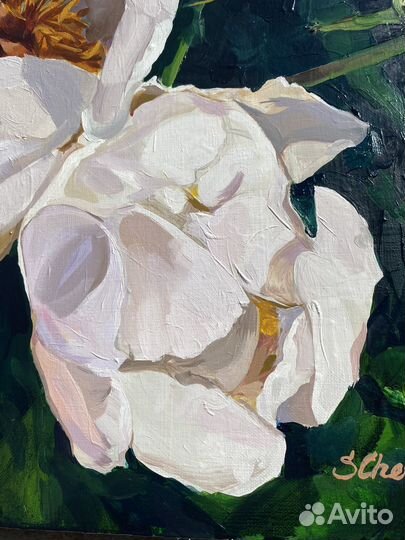 Картина маслом на холсте белые пионы в саду