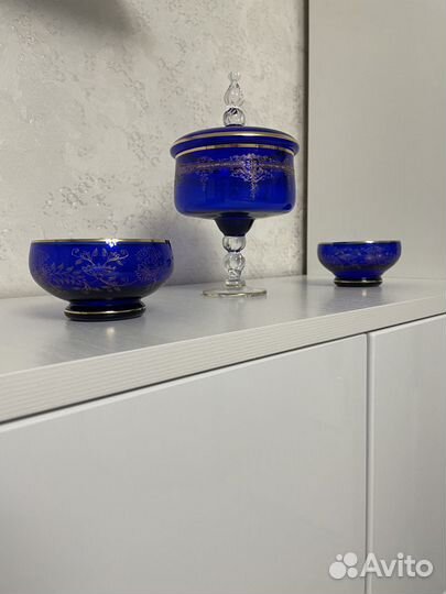 Конфетница и креманки из синего Богемского стекла