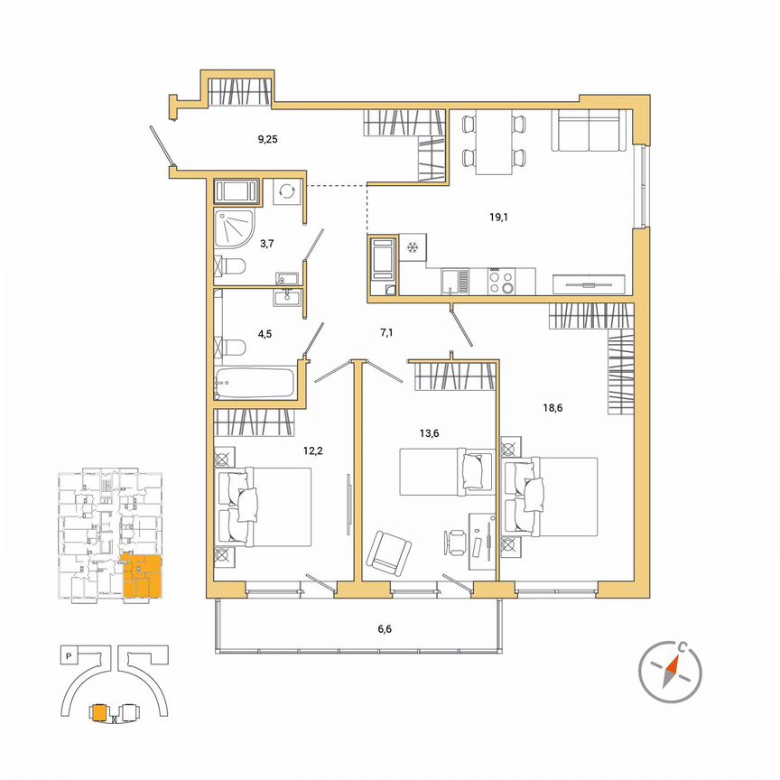 3-к. квартира, 90 м², 15/25 эт.