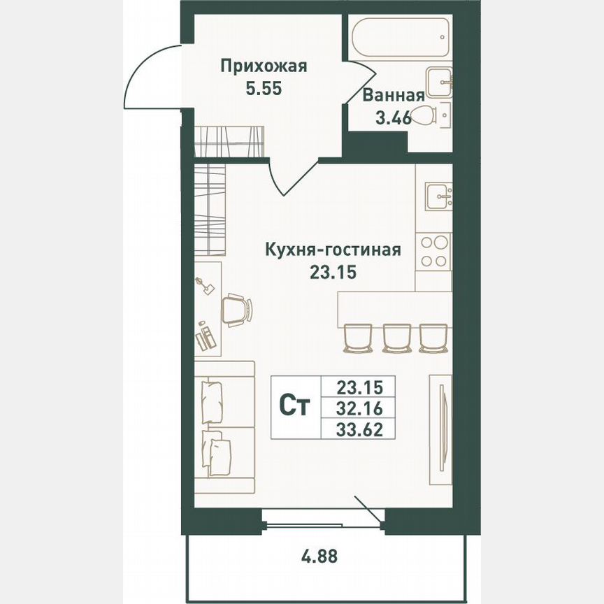 Квартира-студия, 33,6 м², 9/16 эт.