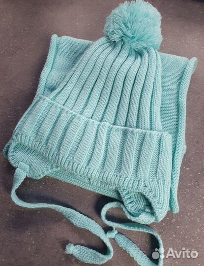 Комплект детский шапка и снуд бирюзовый, новый