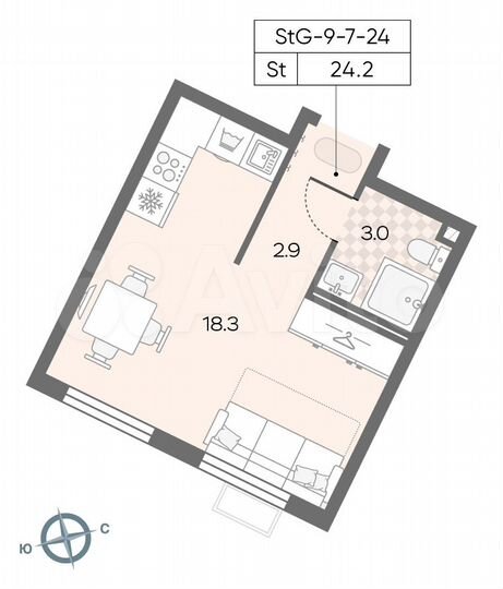 Квартира-студия, 24,2 м², 12/24 эт.