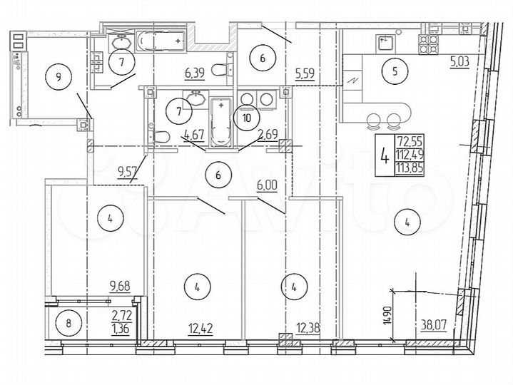 3-к. квартира, 113,9 м², 2/24 эт.