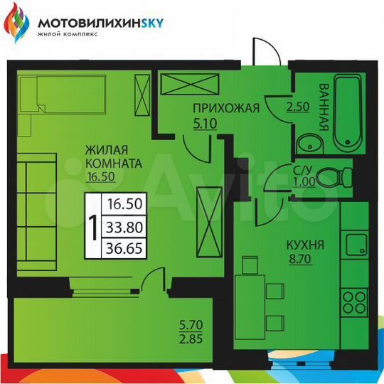 1-к. квартира, 33,6 м², 6/7 эт.