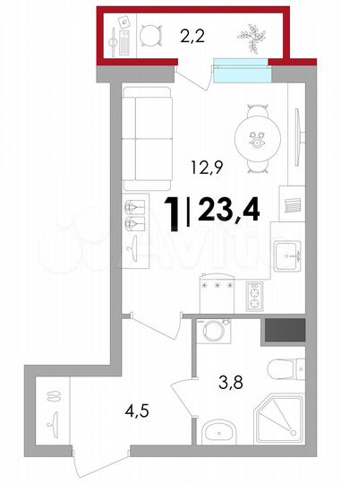 Квартира-студия, 23,4 м², 1/10 эт.