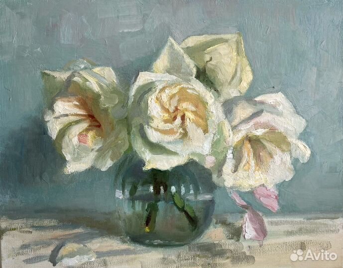 Картина маслом белые цветы, розы