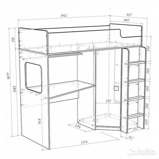 Кровать чердак со столом и шкафом