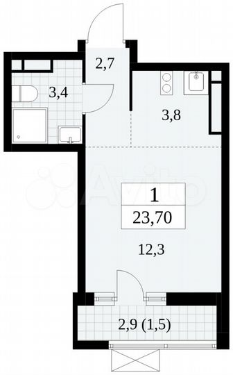 Квартира-студия, 23,7 м², 12/15 эт.