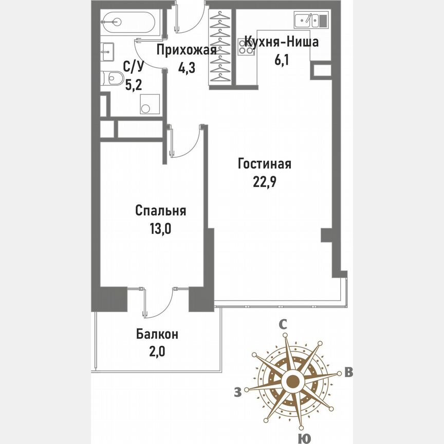 1-к. квартира, 54,2 м², 2/14 эт.