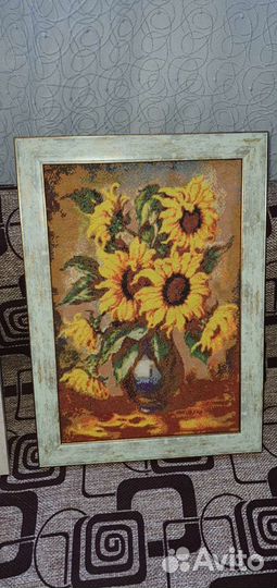 Картина Вышивка Крестиком Подсолнухи в вазе, цветы