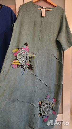 Новое Платье р.46-52 Италия Лен Синий Бирюз