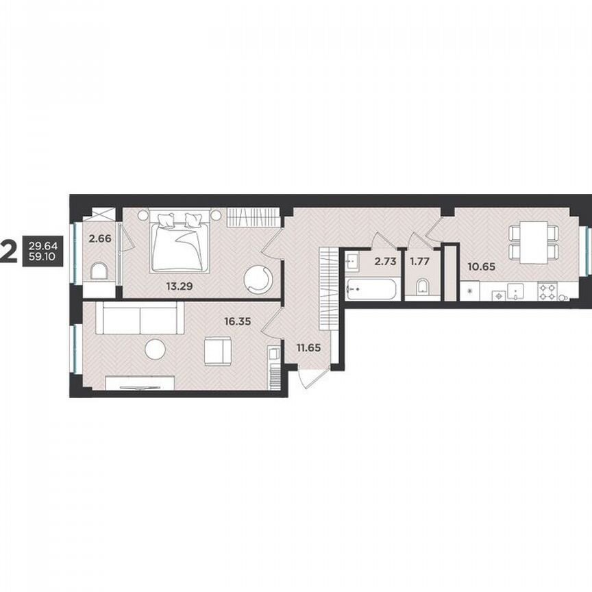 2-к. квартира, 59,1 м², 2/4 эт.