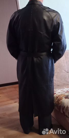Кожаный, натуральный плащ мужской длинный