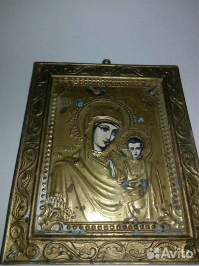 Икона старинная. Казанская богородица. Латунь