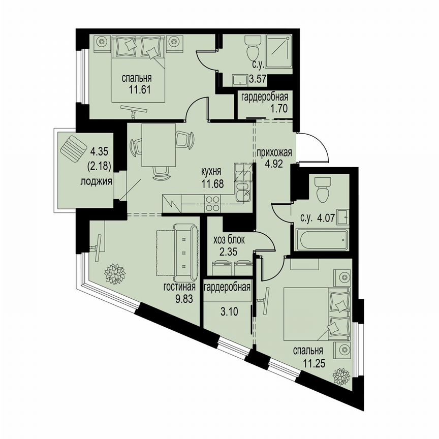 3-к. квартира, 66,3 м², 12/12 эт.