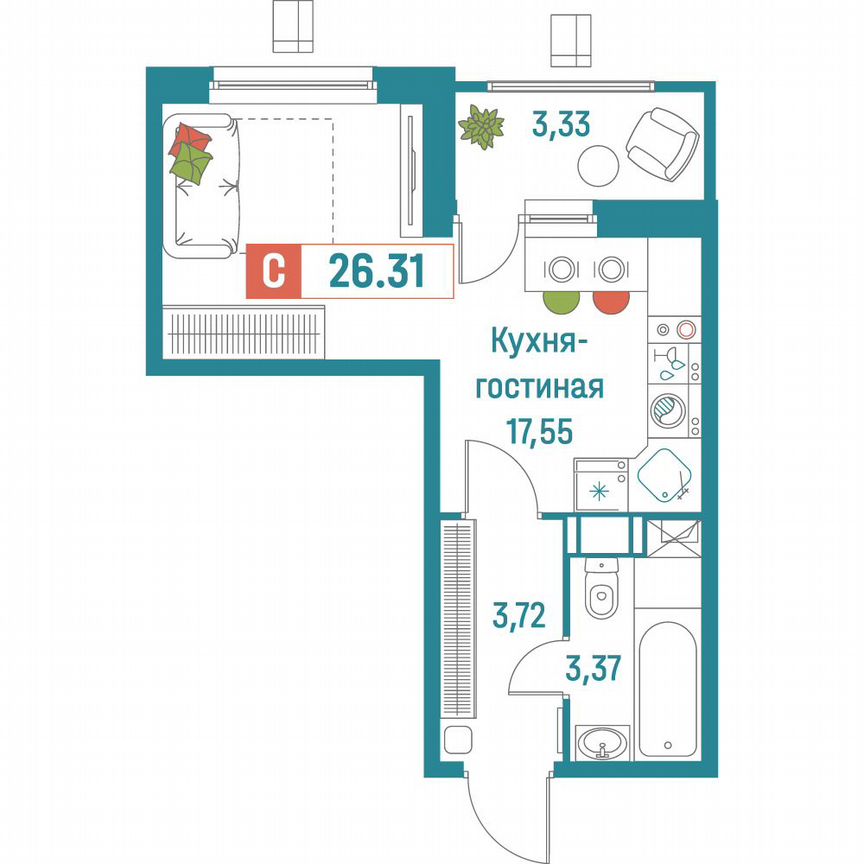 Квартира-студия, 26,3 м², 18/18 эт.