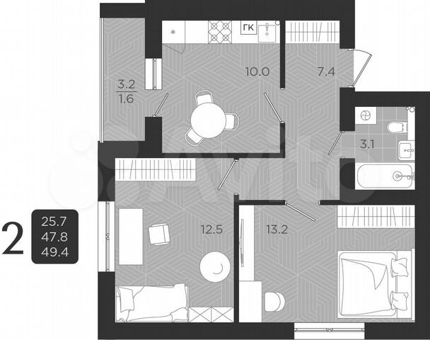2-к. квартира, 47,8 м², 4/7 эт.