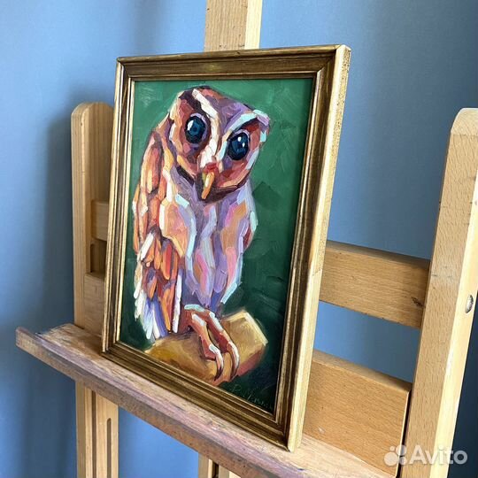 Ночная птица картина маслом в раме 27x34,5см сова