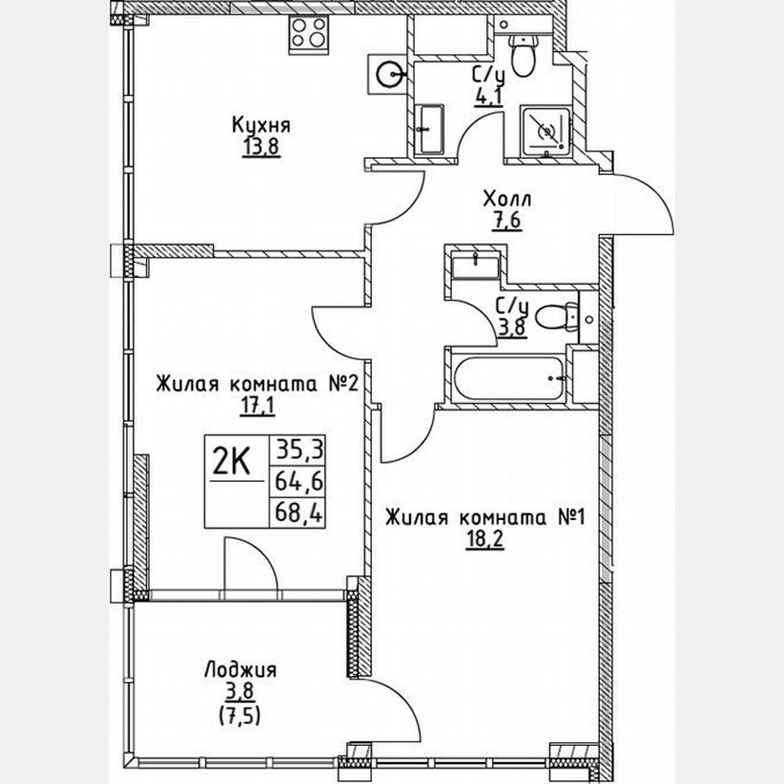 2-к. квартира, 64,6 м², 18/19 эт.