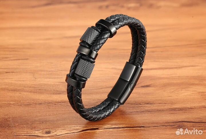 Браслет кожаный плетеный мужской стальной L42
