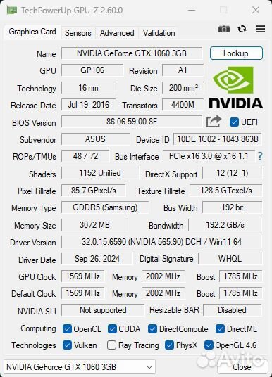 Видеокарта gtx 1060 3gb Asus