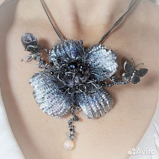 Кулон-брошь и кольцо Маки:кутюрная вышивка,самоцве