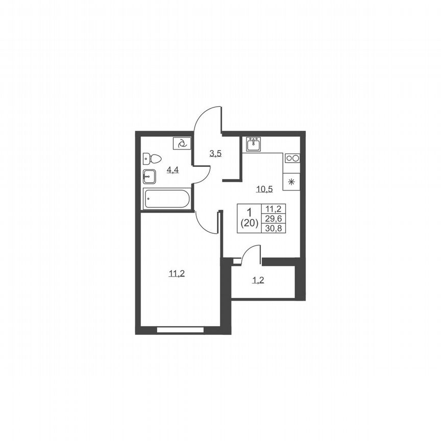 1-к. квартира, 30,8 м², 1/8 эт.
