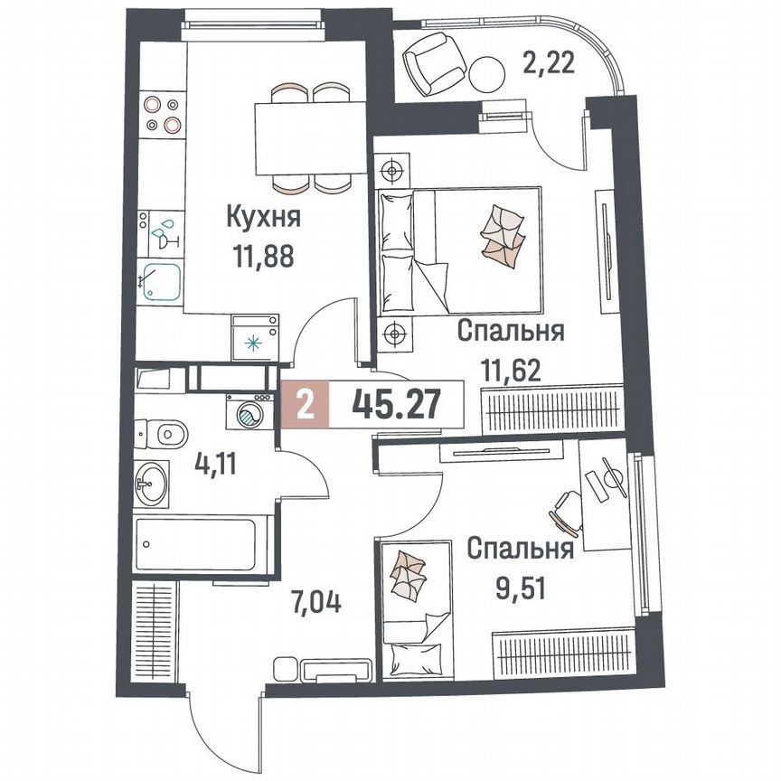 2-к. квартира, 45,3 м², 12/18 эт.