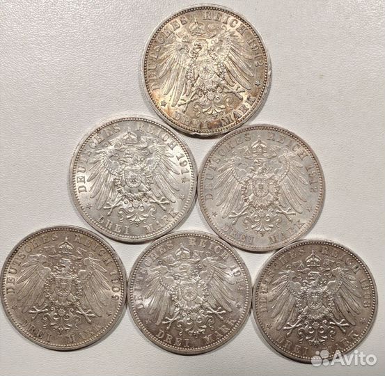 Серебряные монеты 3 марки Германской империи