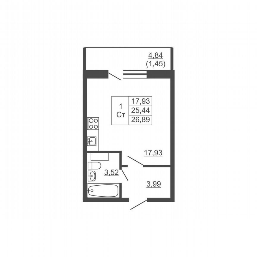 Квартира-студия, 26,9 м², 9/16 эт.