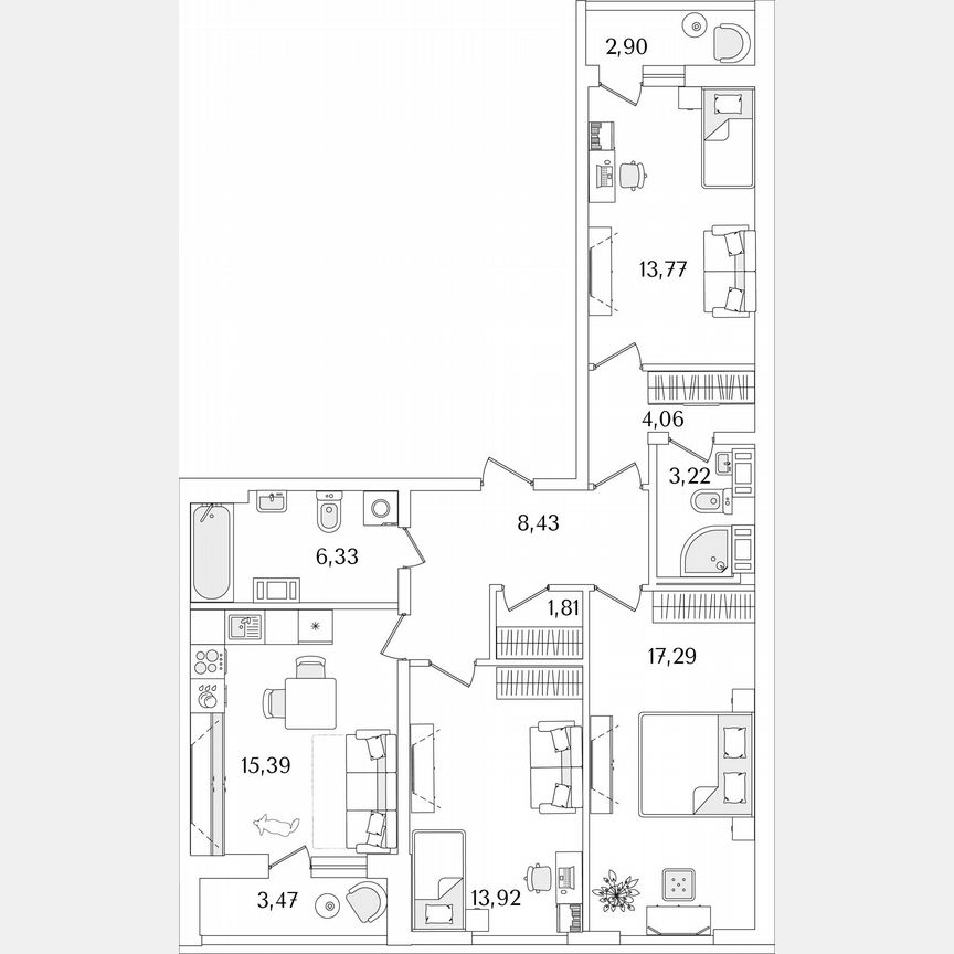 3-к. квартира, 87,4 м², 11/17 эт.
