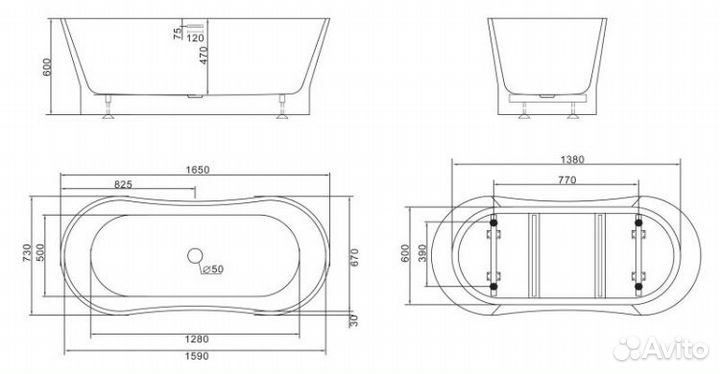 Ванна отдельностоящая акриловая BelBagno BB406, размер 165х73х60 см