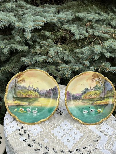 Парные декоративные тарелочки с лебедями Лимож