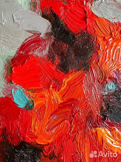 Картина маслом красные маки букет цветов с рамой